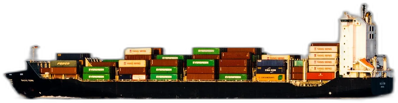 Loaded container cargo ship, side profile cut-out